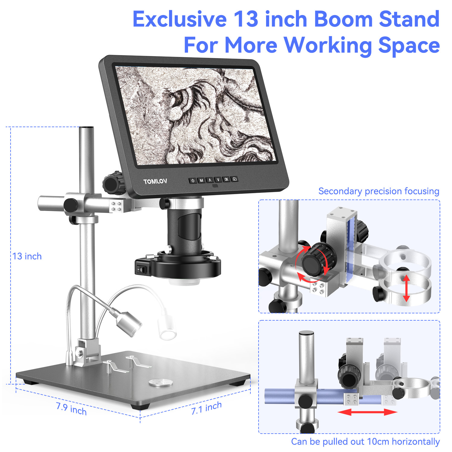 TOMLOV 10" Digital Microscope 2000x Soldering Microscop Flexibable Arm Stand