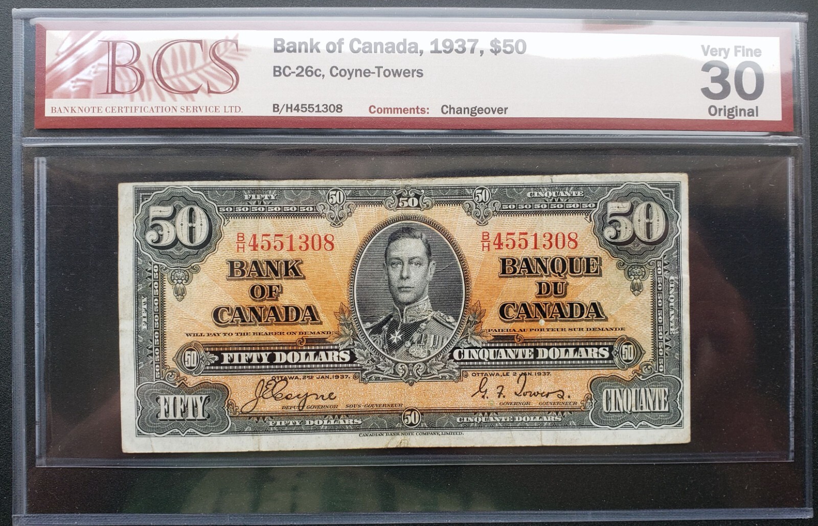 1937 Bank of Canada $50 Coyne-Towers Signature B/H4551308 VF30 Original BC-26c