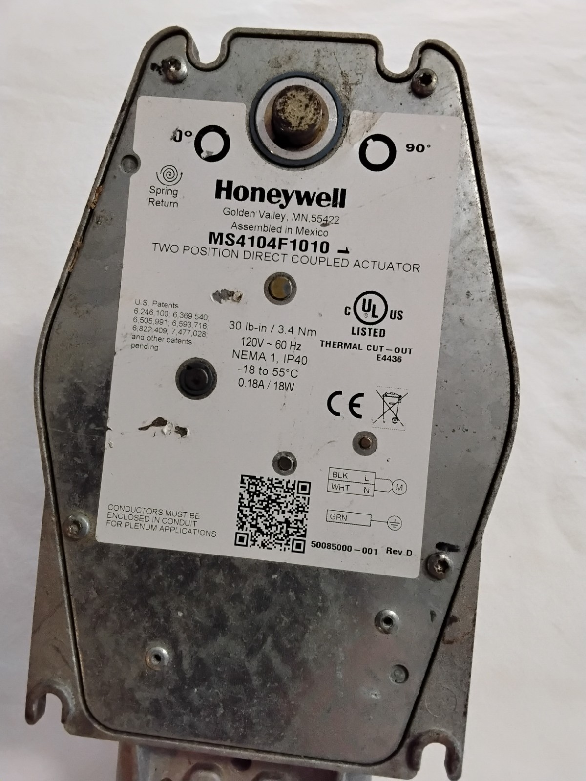 Honeywell MS4104F1010 Spring Return Damper Actuator 120V Corded Electric Metal