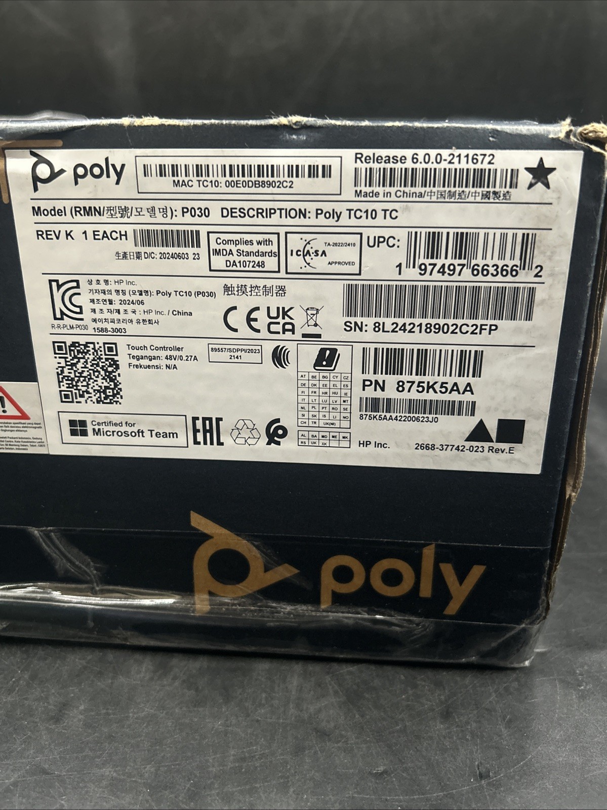 Poly TC10 Touch Controller Panel For Video Confrencing (875K5AA) Black