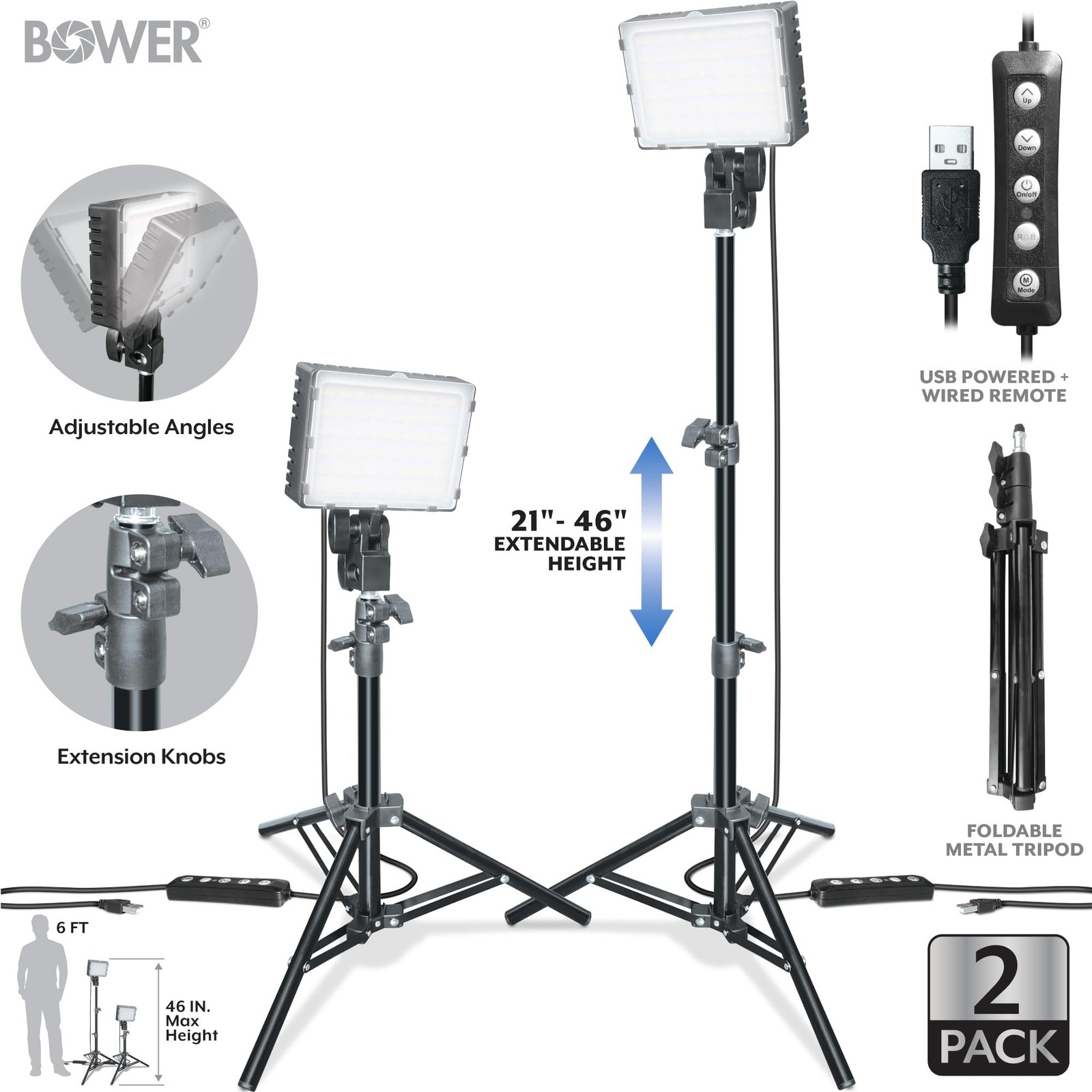 2-Pack Dimmable USB LED Video Light with Adjustable 21-46" Tripod Stand, 2-Pa...