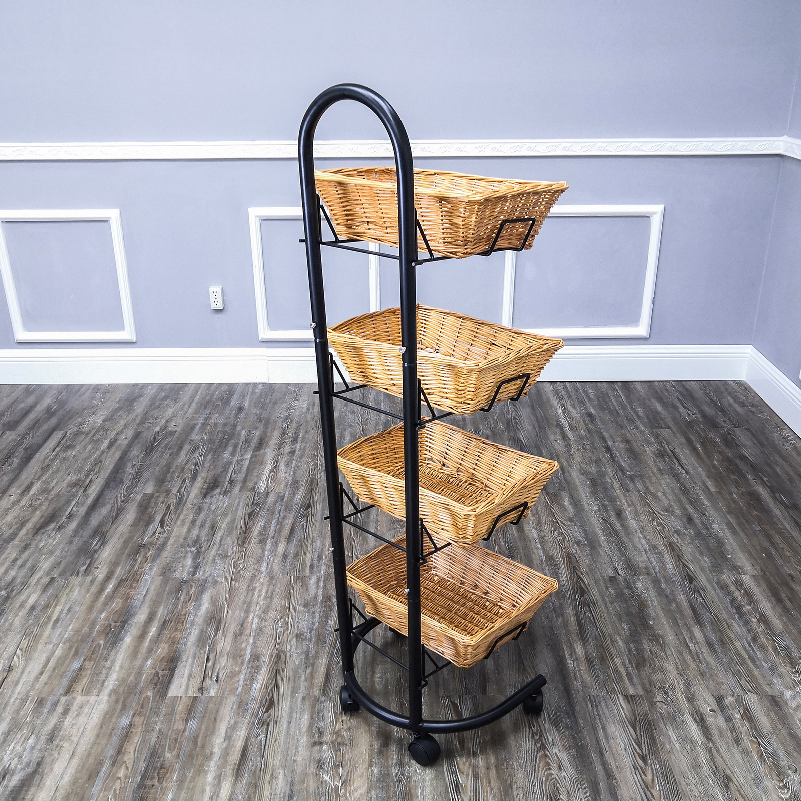 Rolling Wicker Basket Display Market Merchandiser Stand Kitchen Pantry Organizer