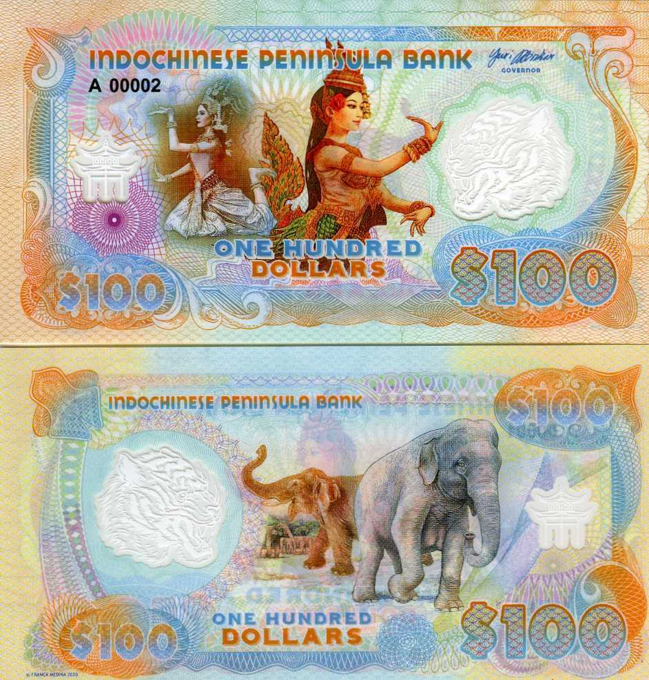 Indochinese Peninsula, $100 2021, Clear Window Polymer UNC - Dancer, Elephant F