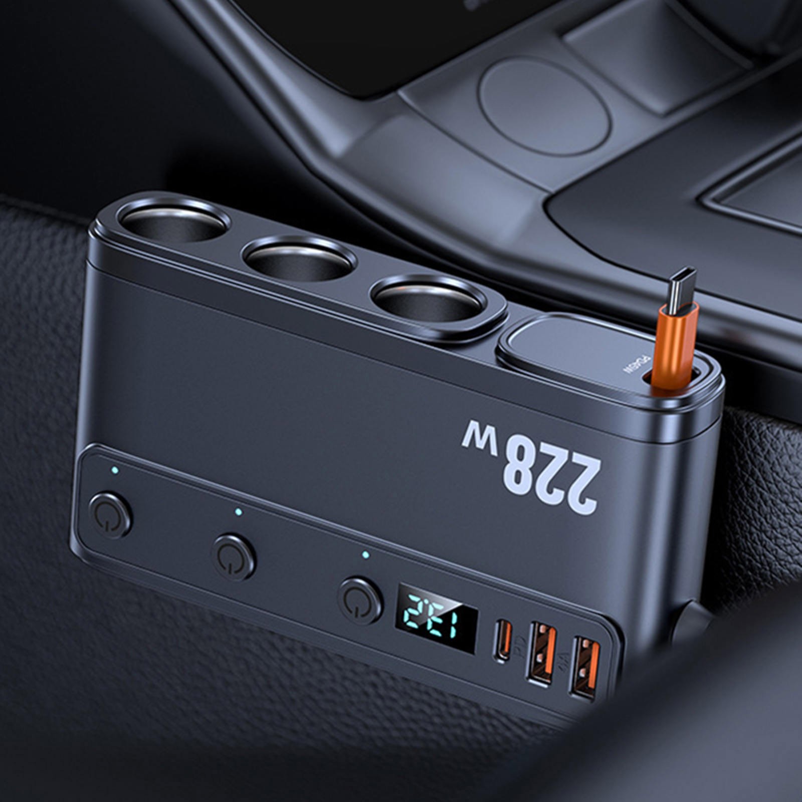 For Truck 9-in-1 Cigarette Lighter Charger 3 Sockets 6 USB Ports 228W Display