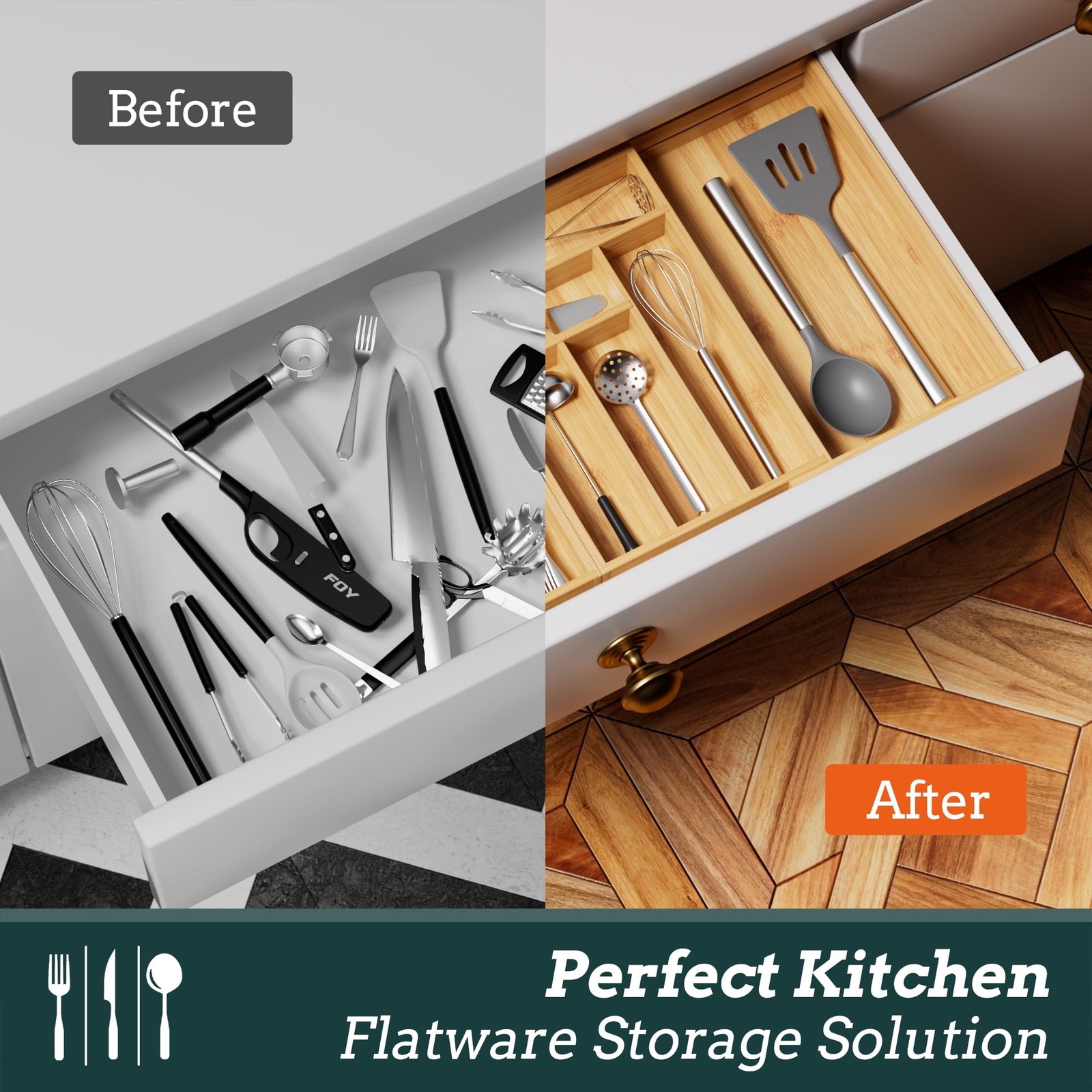 Silverware Organizer Large, Magnetic Connected Expandable 13 Slots, Natural