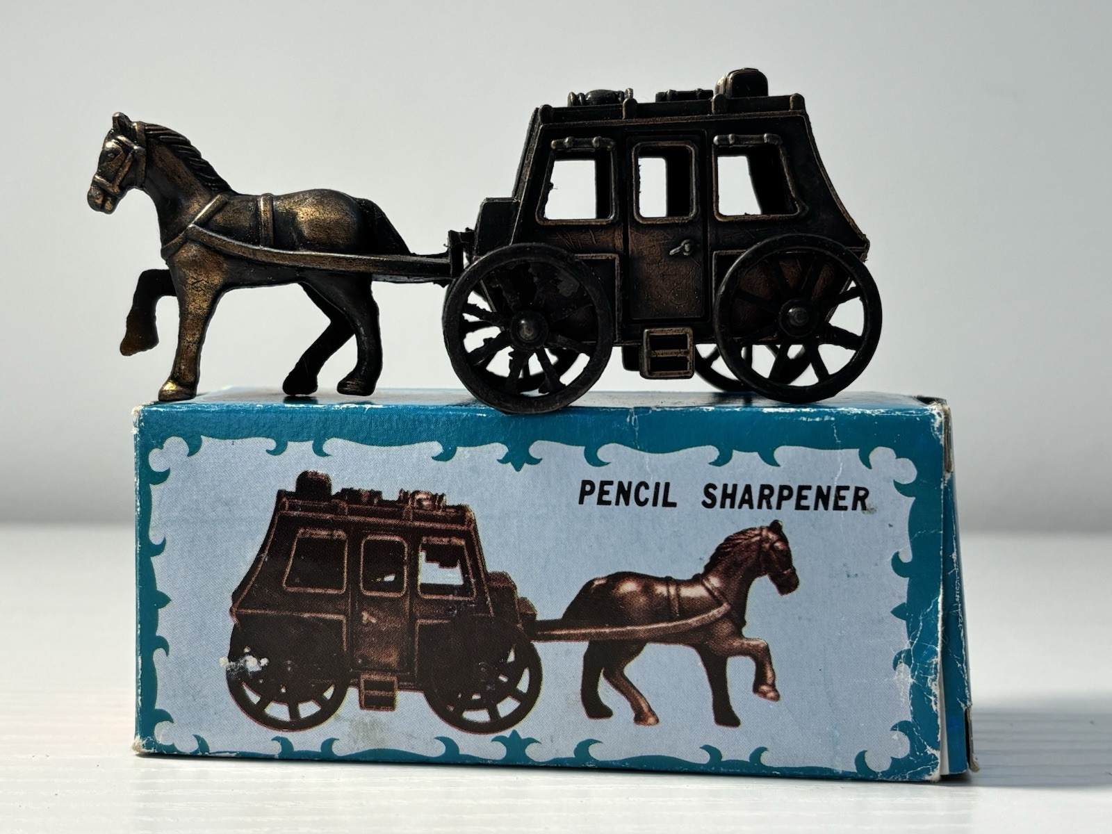 Antique Finished Die-Cast Miniature Horse & Carriage Pencil Sharpener With Box