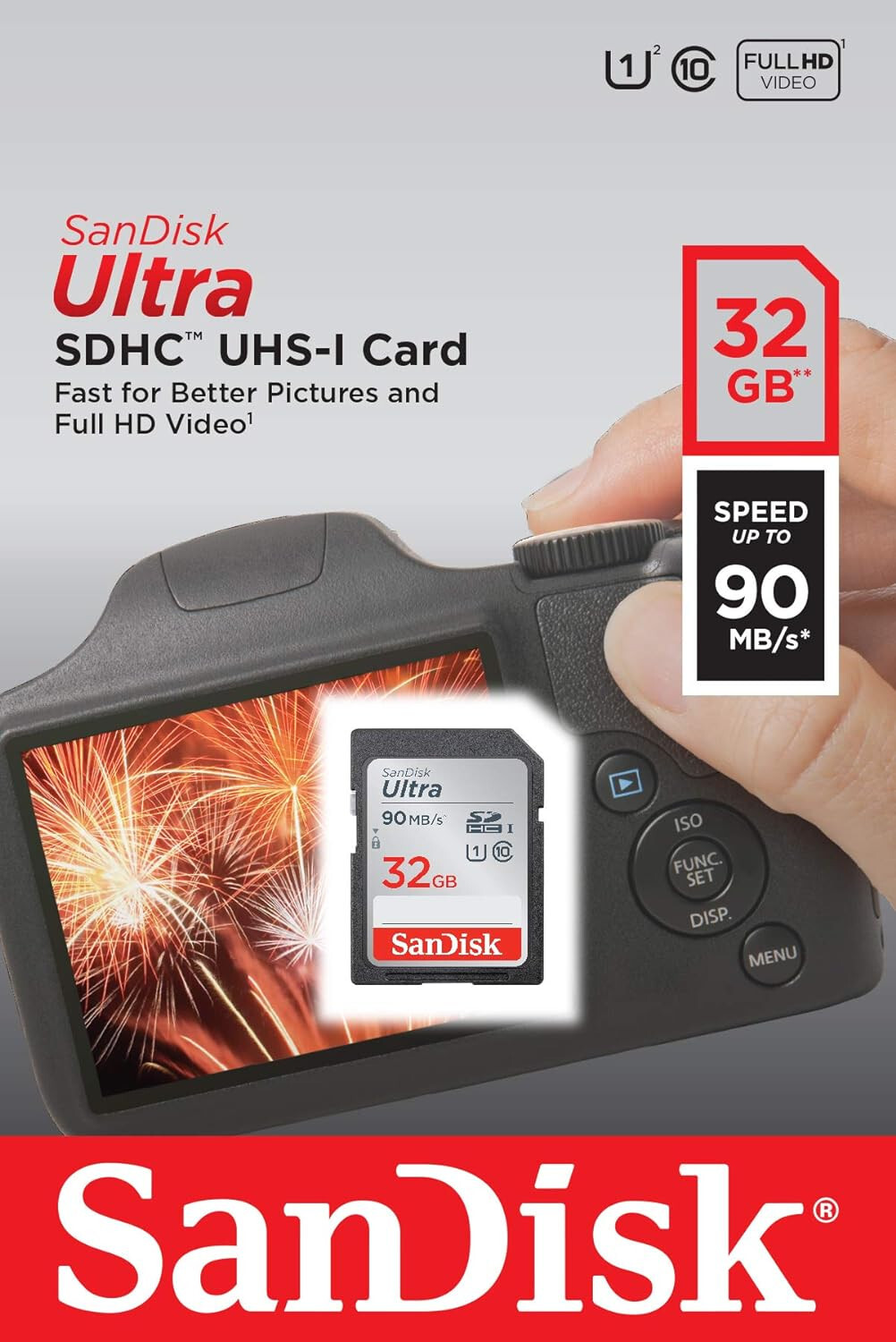SanDisk 32GB Ultra SDHC UHS-I Memory Card 90MBs, C10, U1, Full HD SD Card Camera