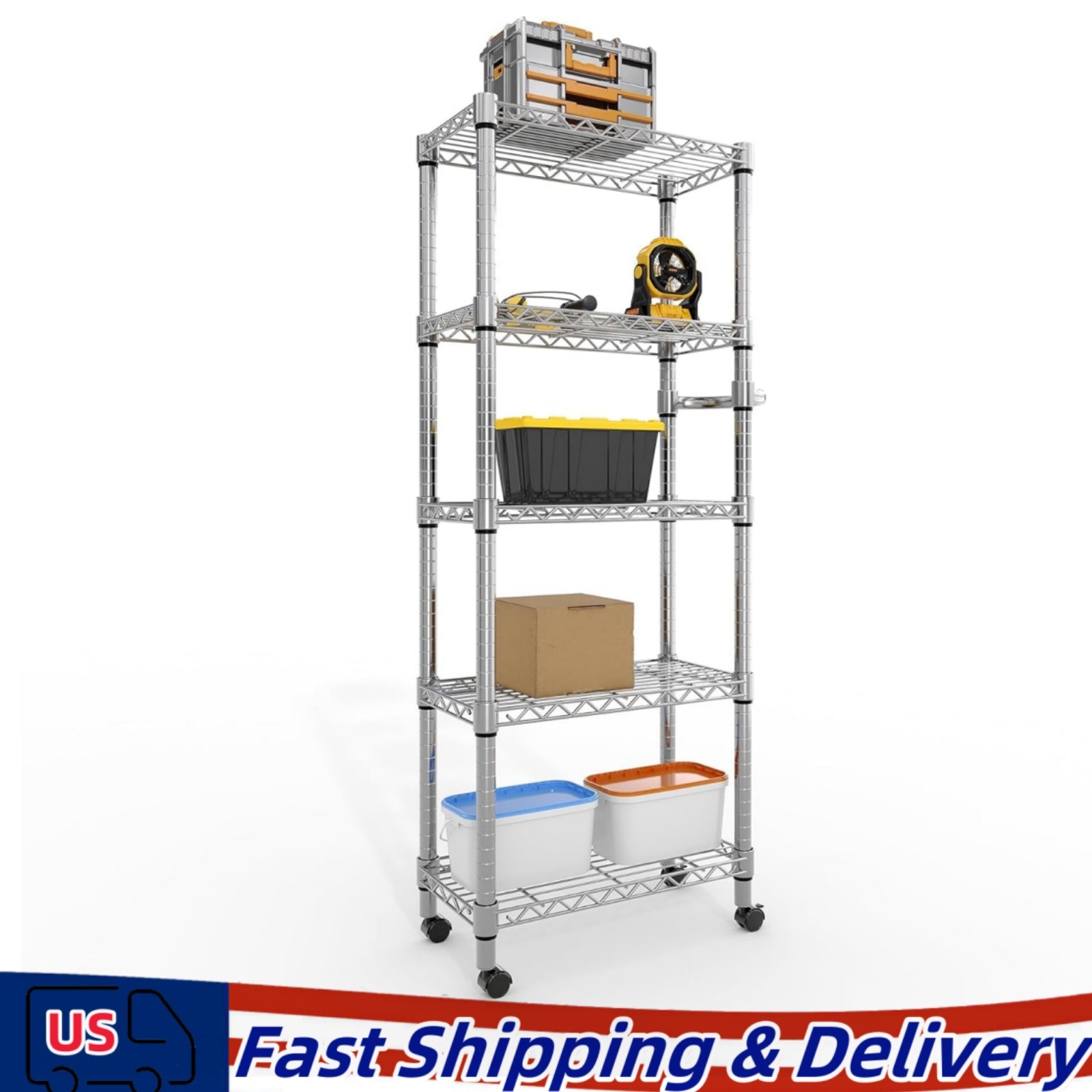 5-Tier Metal Wire Mesh Rack Storage Shelving Unit Adjustable Shelf with Wheels