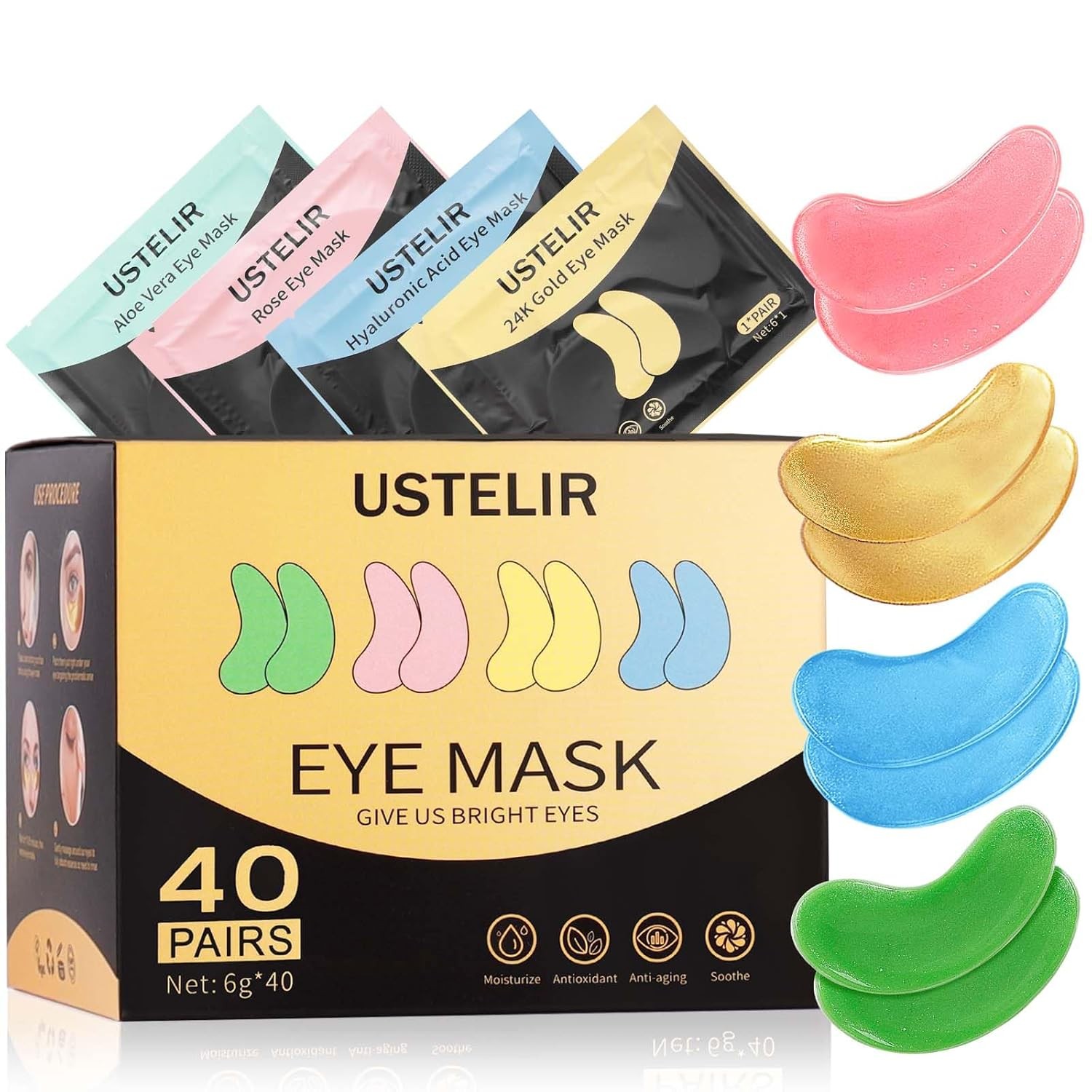 Under Eye Patches, 40 Pairs Mask for Dark Circles, Gold,Pink,Blue,Green