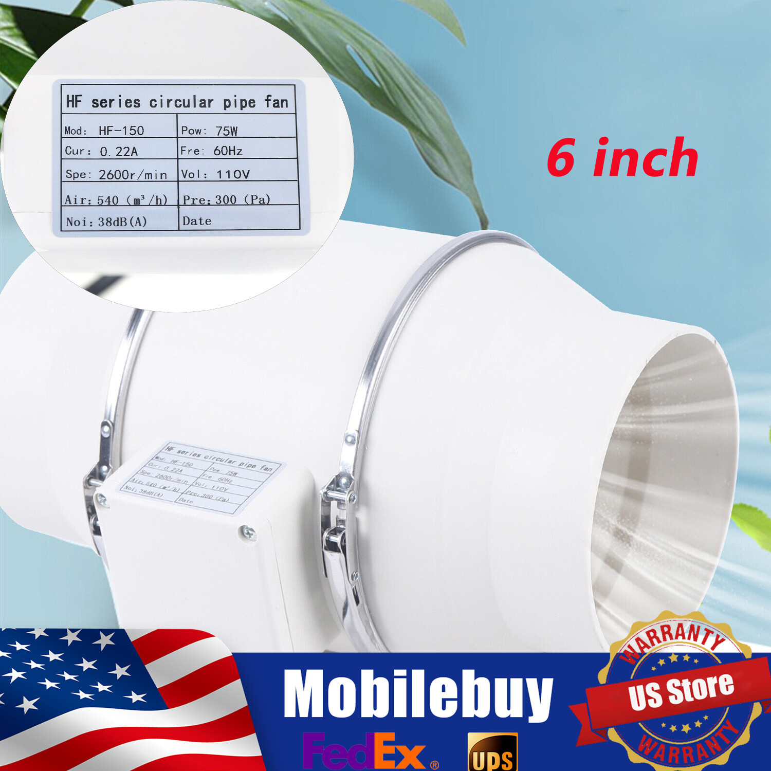 6" Inline Duct Fan 540 m ³ / h Ventilation Exhaust Blower Fans Quiet  Duct 75W
