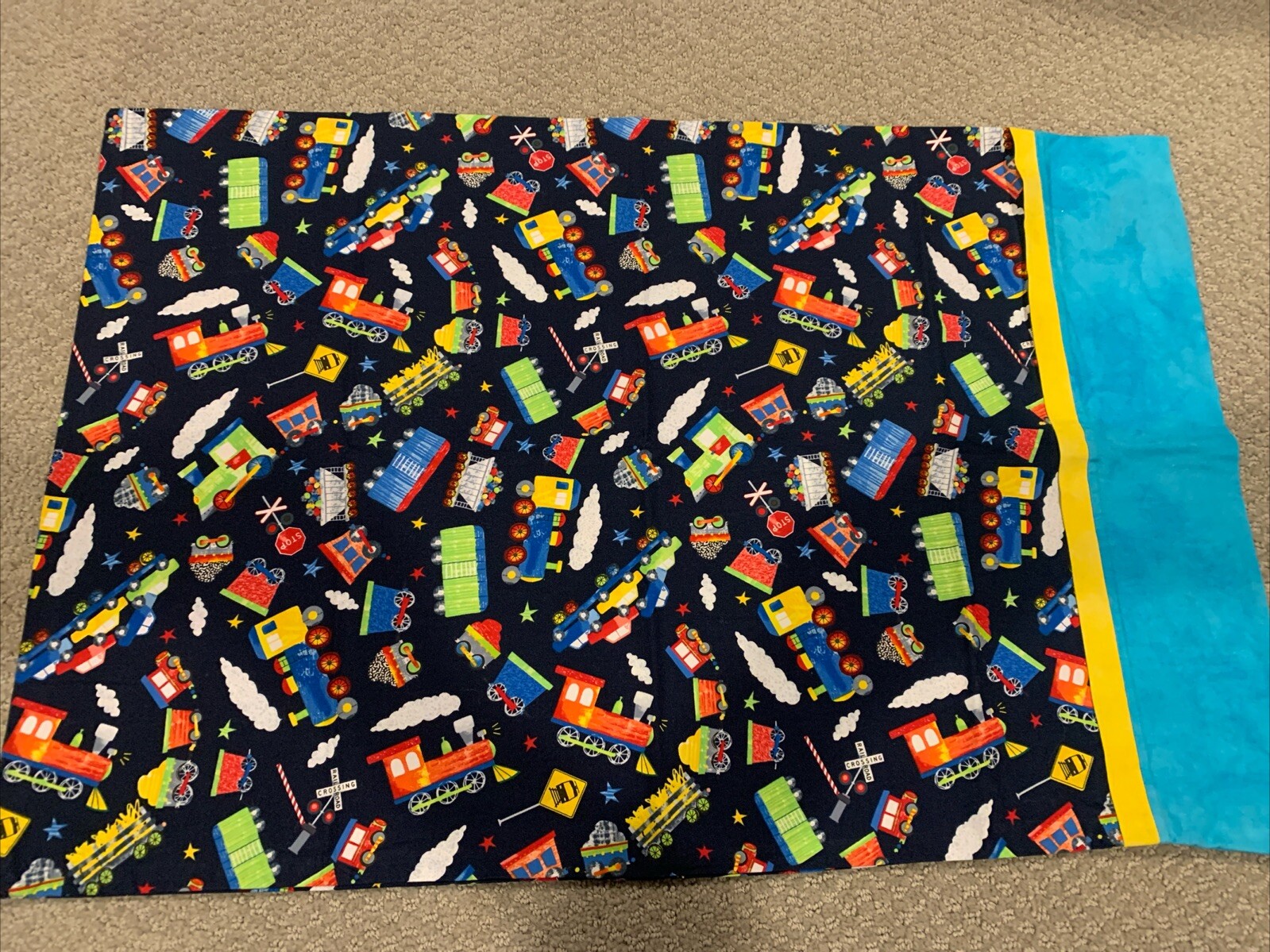 Youth Child’s Train Pillowcase Handmade 29 X 19 Bright Primary Colors Hobbyist