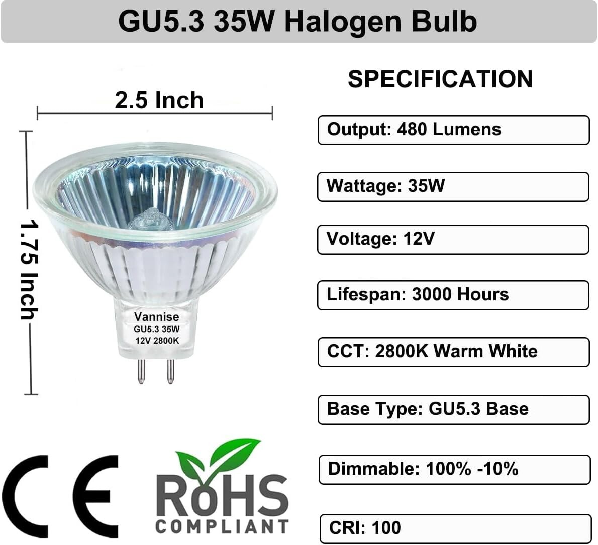 10 pack Vannise MR16 Bulb 35W, 480LM MR16 Halogen Bulb 35W 12V Warm White 2800K