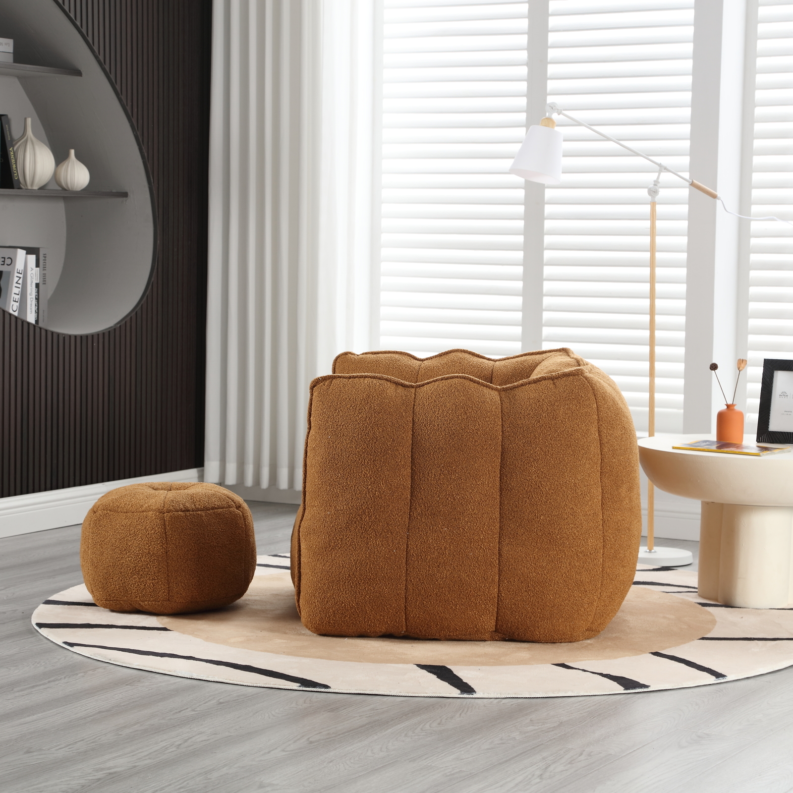 Bean Bag Chair + Footstool Armrest Bean Bag Chair Lazy Sofa Living Room Khaki
