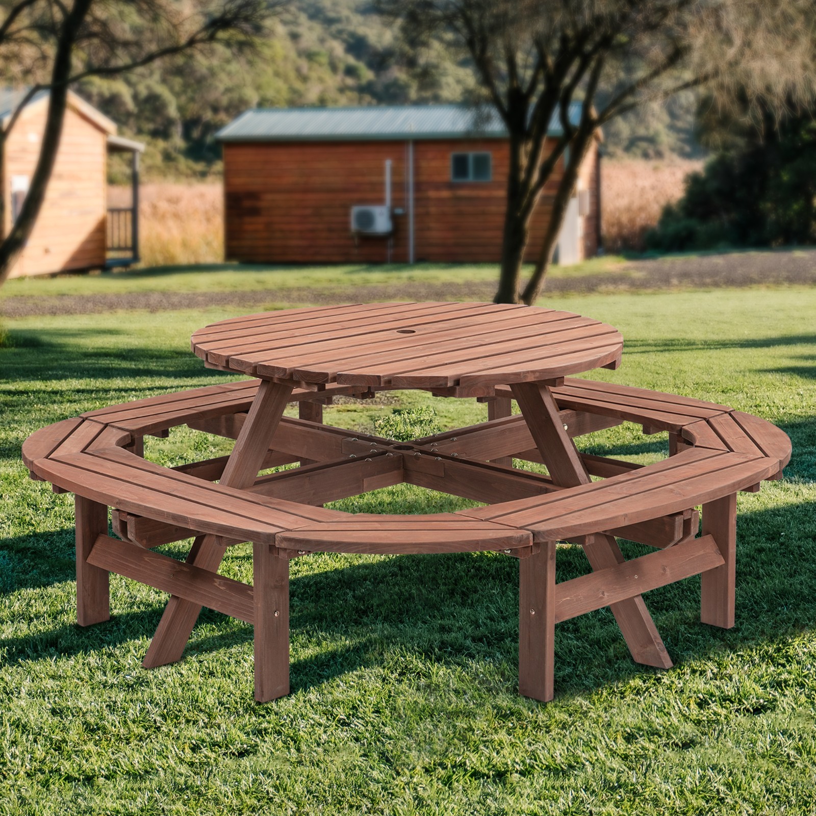 Walnut Brown 10-12-person Round Outdoor Wooden Picnic Table for Patio, Backyard,