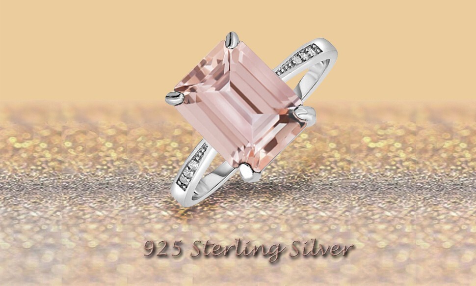 4.00 CTTW Lab Created Morganite Emerald Cut Sterling Silver Ring Sizes 6 - 9
