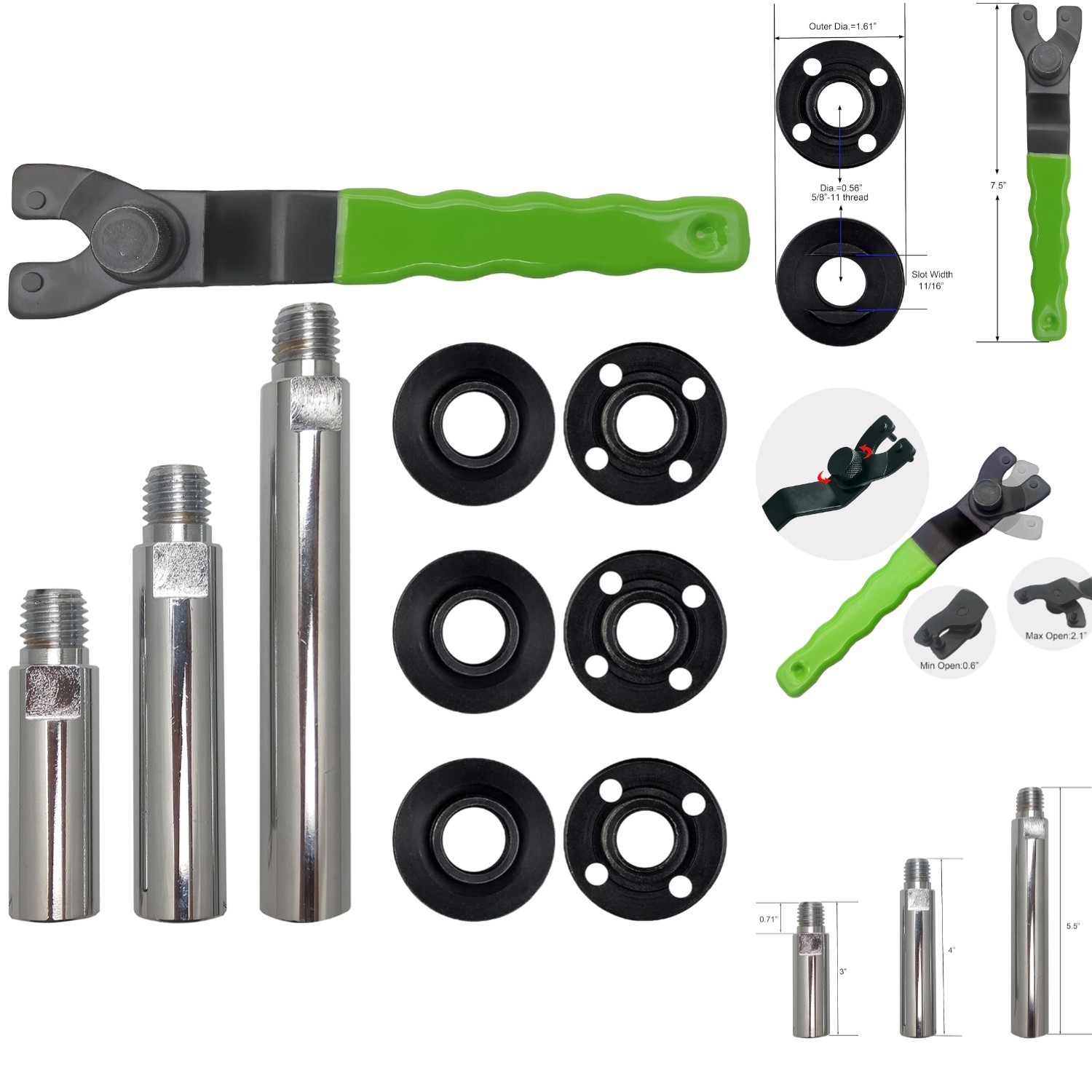 5/8"-11 Angle Grinder Extension Shaft Kit Adjustable Spanner Wrench & Flange Nut