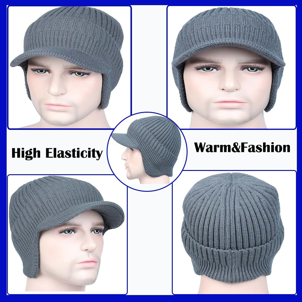 JHDESSLY Knit Beanies with Visor & Earflaps for Men and One Size, Black