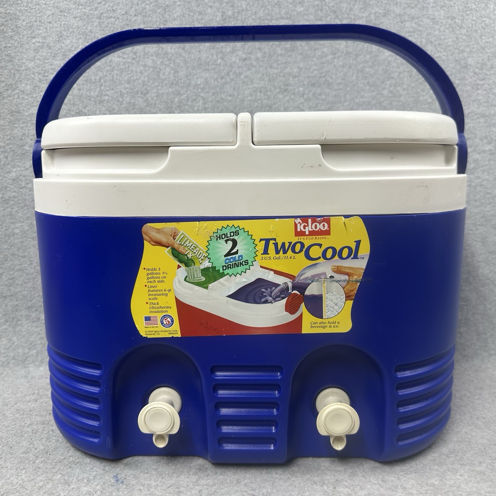 Vintage 1999 Igloo Two Cool 3 Gallon Dual Beverage Cooler 2 Spigot Blue USA