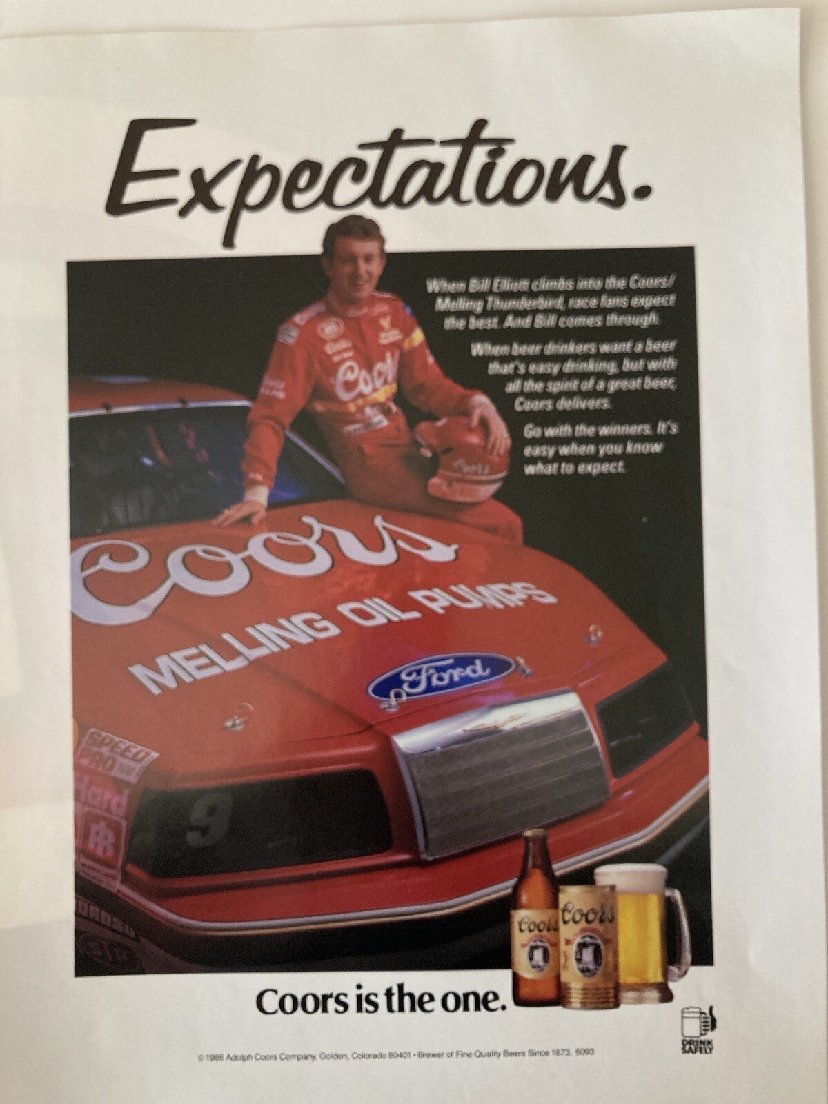 1987 Coors beer Print Ad Coors Melling Thunderbird Bill Elliott