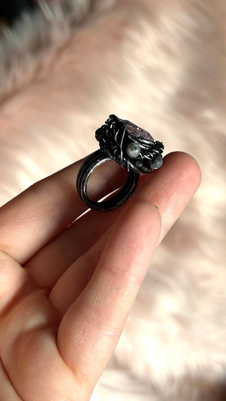 Handcrafted Statement Ring Black Wire Wrapped size 8