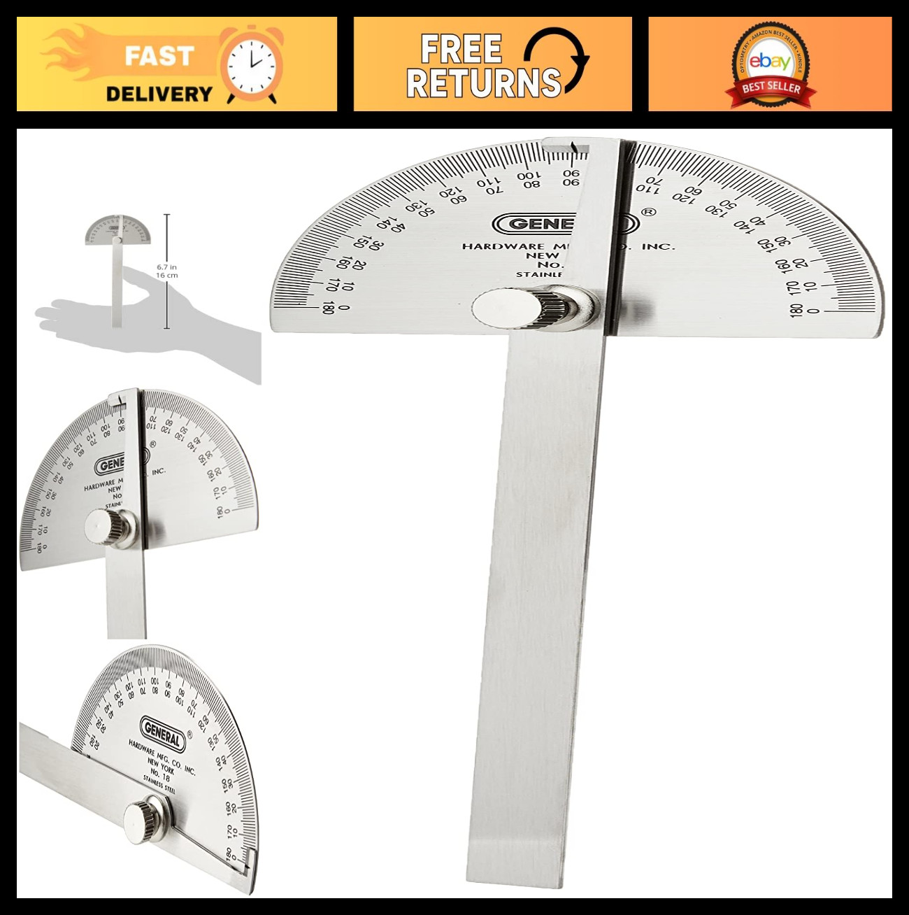 Stainless Steel Angle Protractor 18" Round Head, 0-180° Measuring Tool, 6" Arm