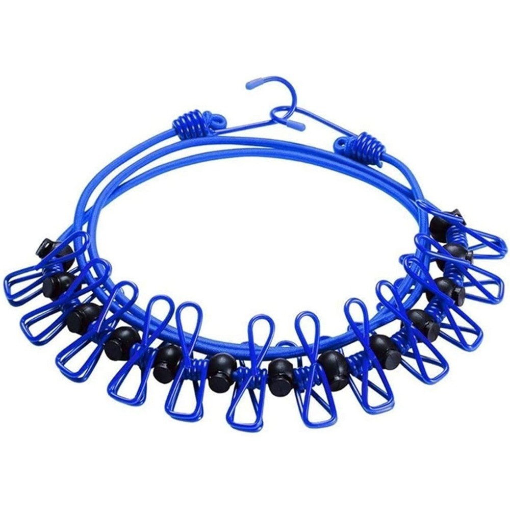 Adjustable 11ft Blue Windproof Clothesline with 12 Clips for Home Travel Outdoor
