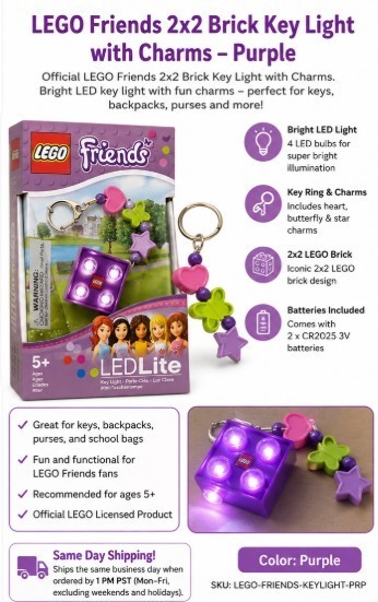 LEGO Friends Purple 2x2 Brick LED Key Light w/ Charms Keychain Official New