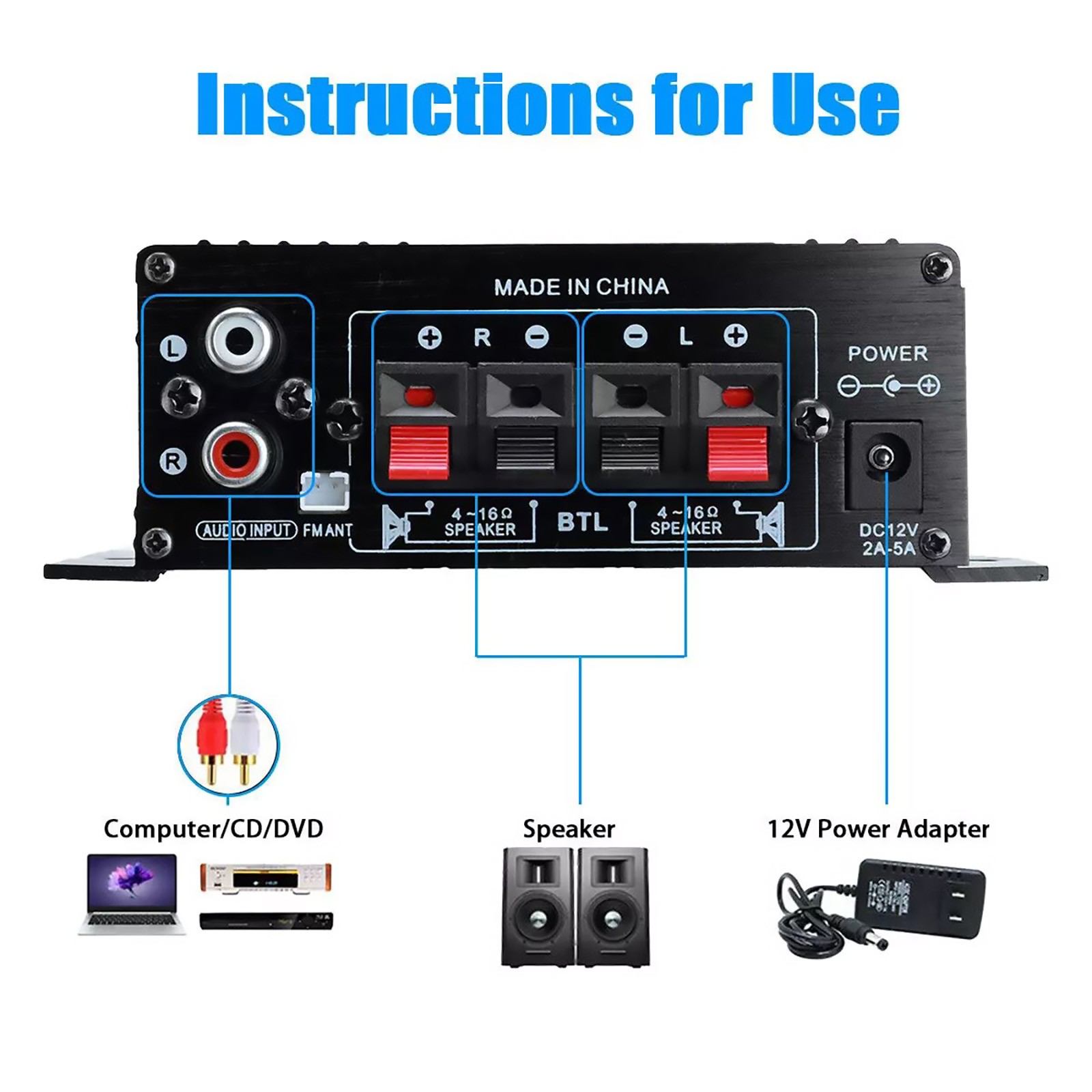 Bluetooth Mini HiFi Digital Stereo Audio 2 Channels Amplifier Power Amp DC 12V
