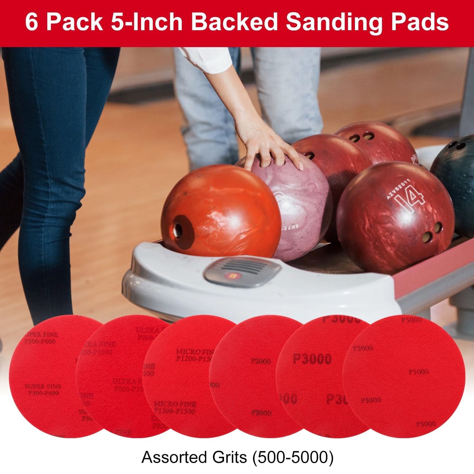 6 Pack 5-Inch Bowling Ball Sandings Pads - Sanding Pad's Assorted Mix