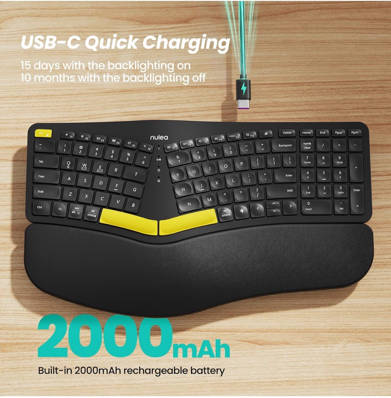 Nulea Wireless Ergonomic Keyboard, Split Keyboard with Cushioned Wrist Rest, Blu