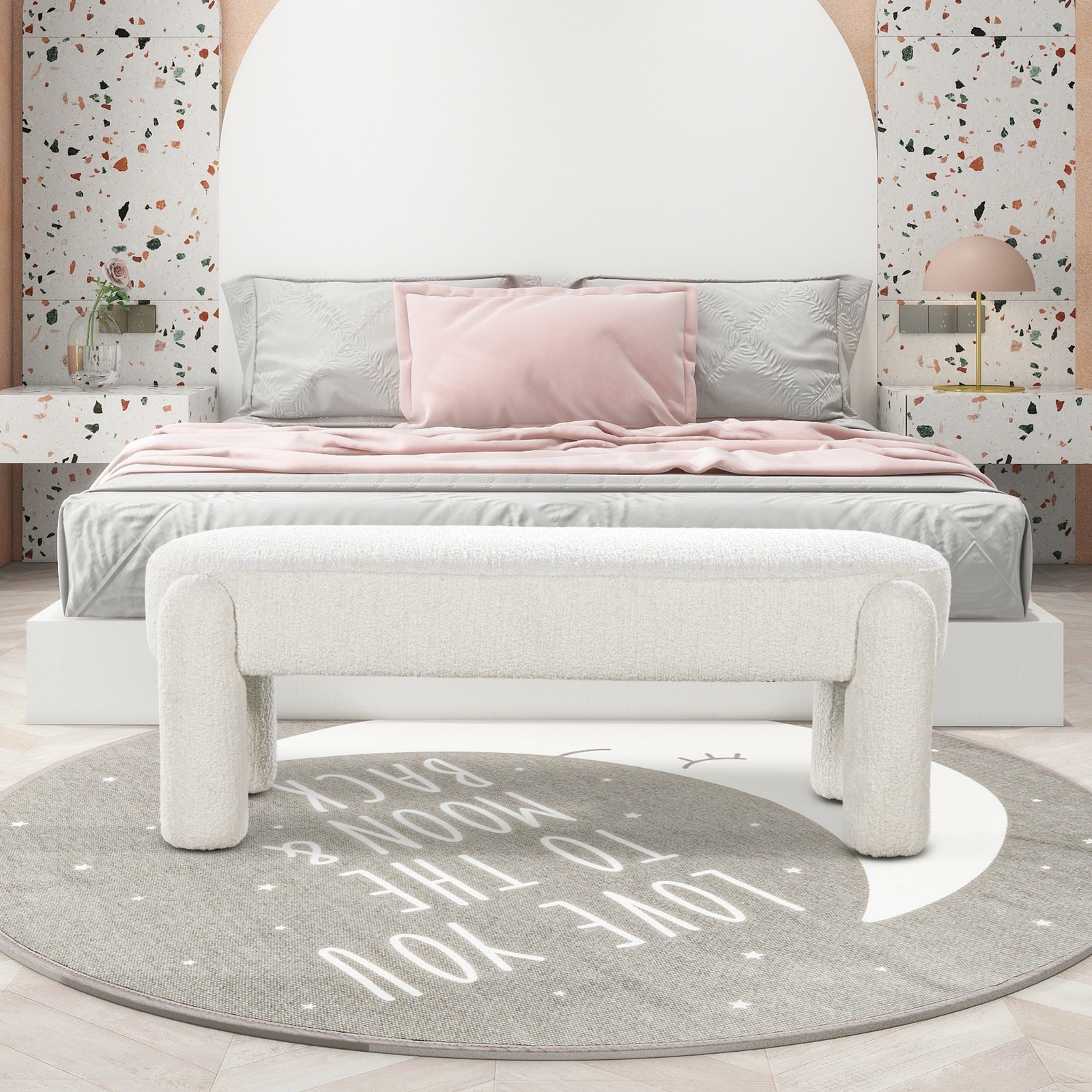 49 Inch Cream White Boucle Fully Upholstered Oval Bench Foam Filled Legs