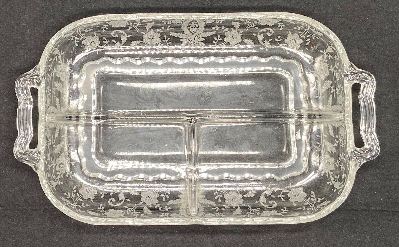 Heavy clear glass rectangular candy dish - sectioned - excellent condition