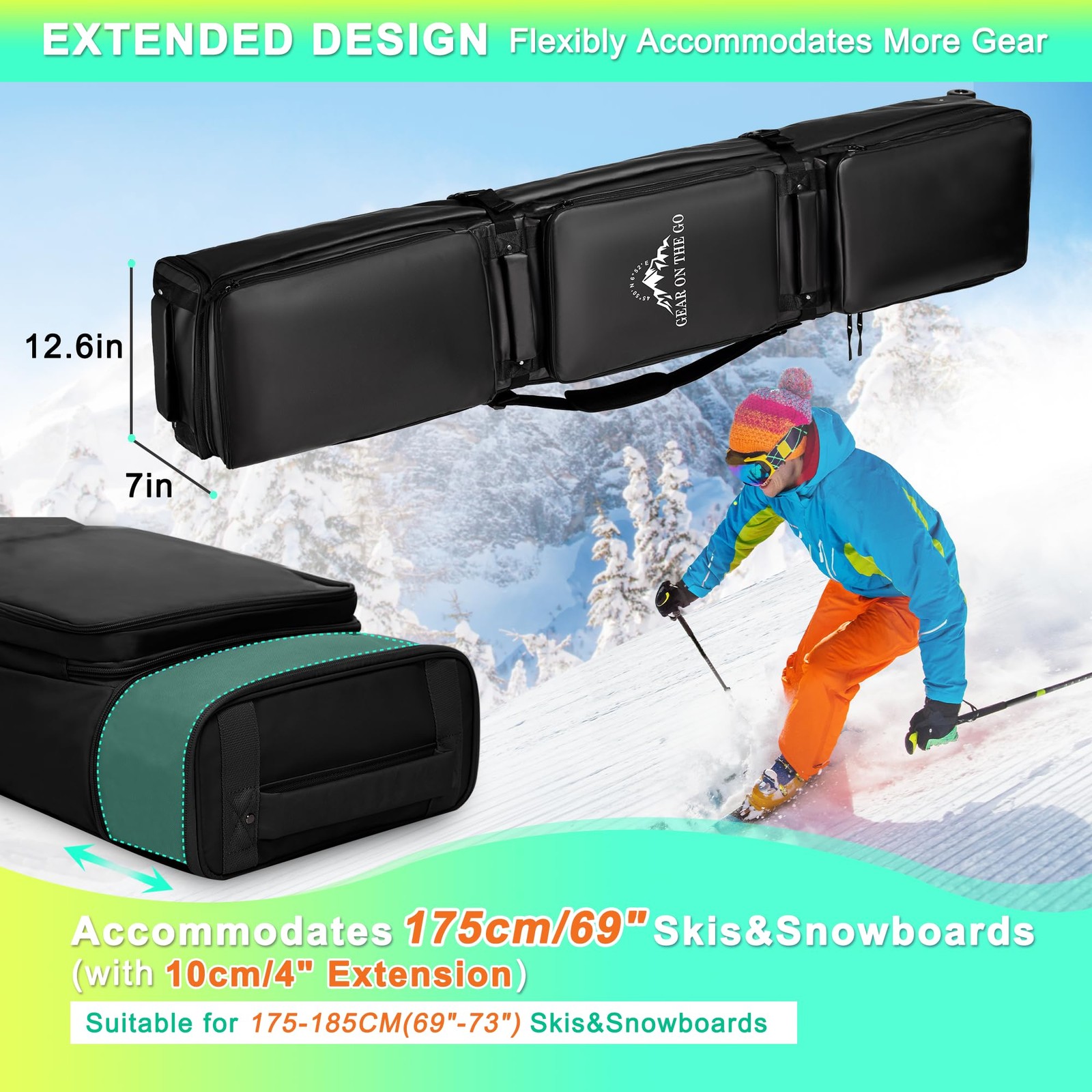 Double Rolling Ski Bag Padded Waterproof Snowboard with 175cm, Black