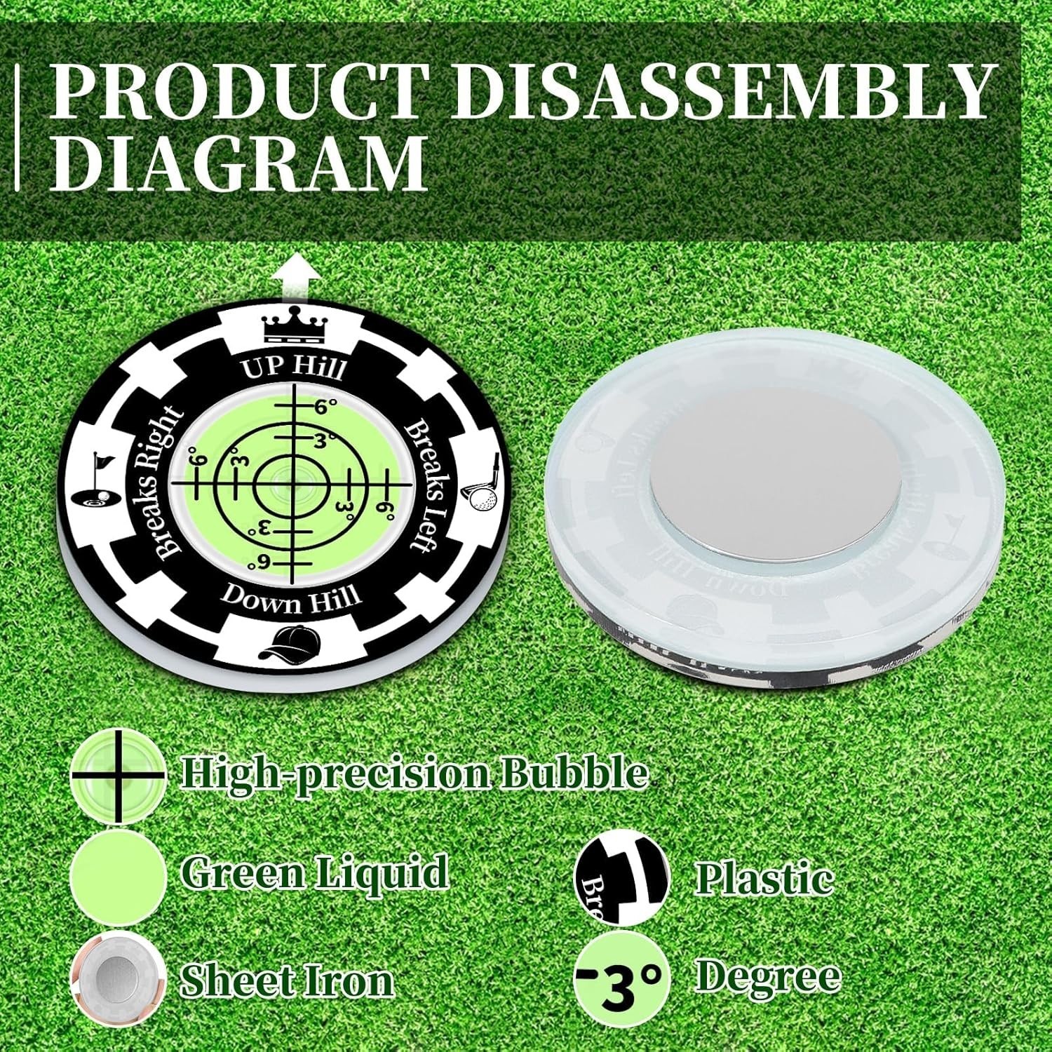 Golf Green Reader 2 Pack Golf Ball Marker Hat Clip High Precision Bubble Putting