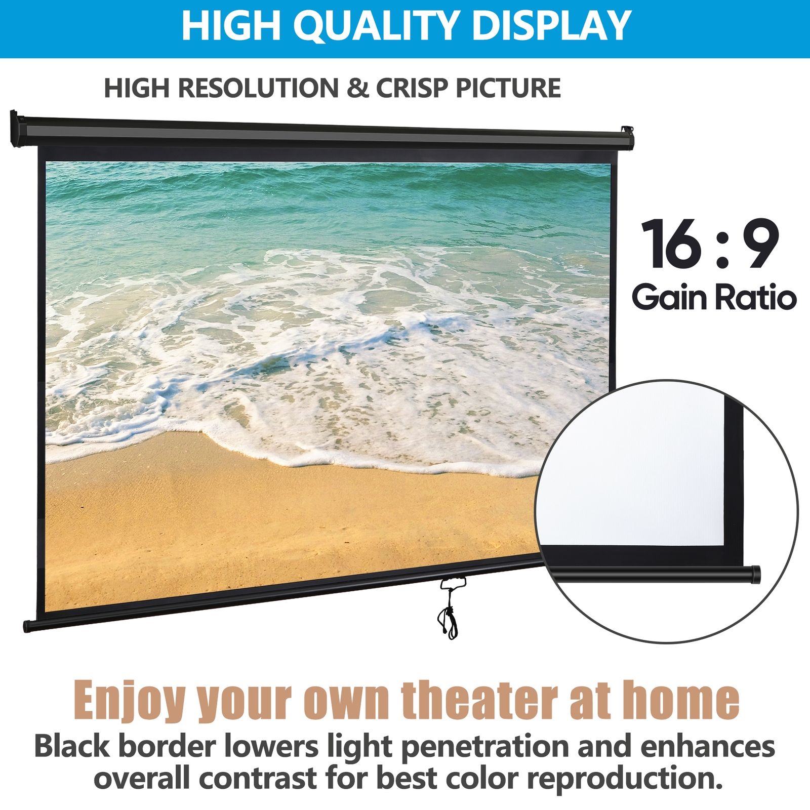 80" 16:9 Projection Projector Screen Manual Pull Down Home Theater Black Frame