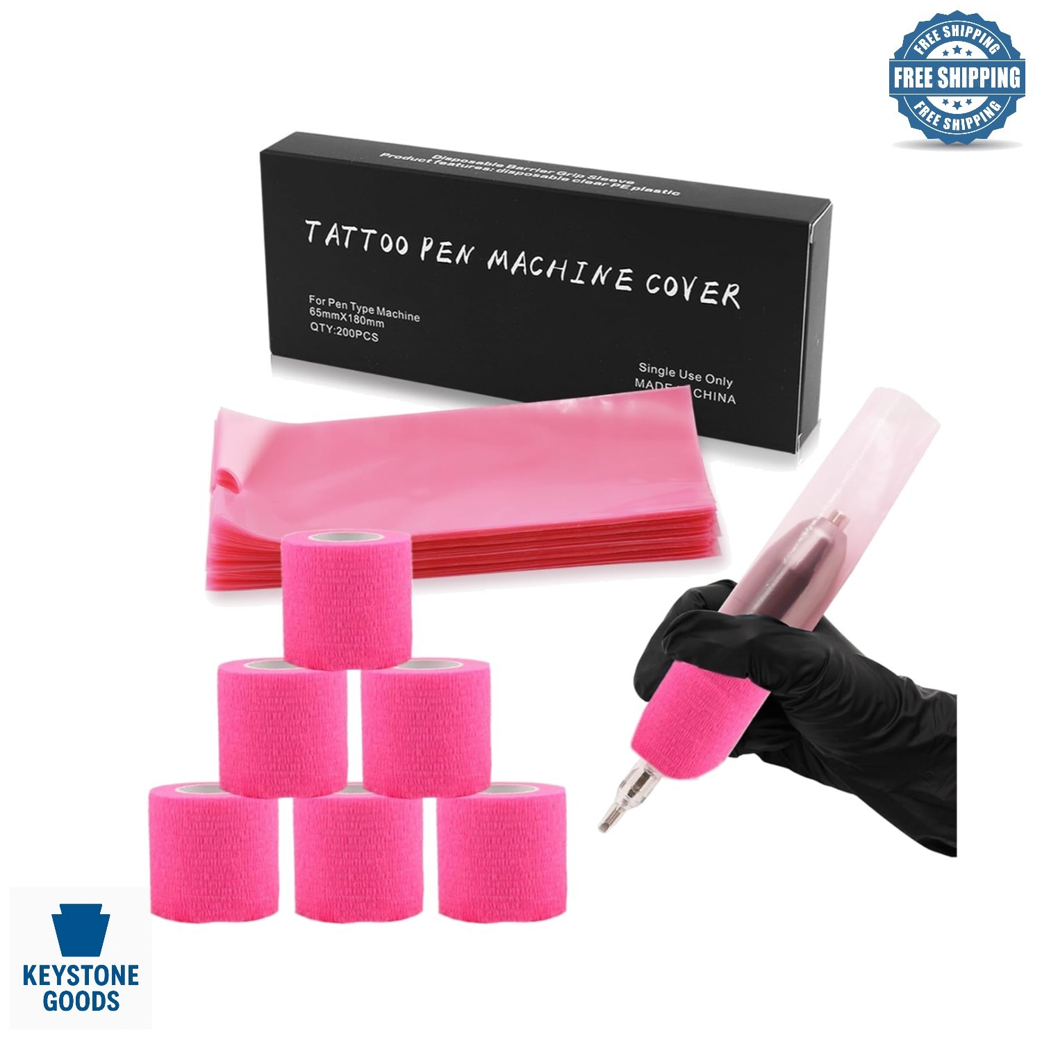 Large Capacity Pink Tattoo Machine Pen Covers & Grip Tape Bundle