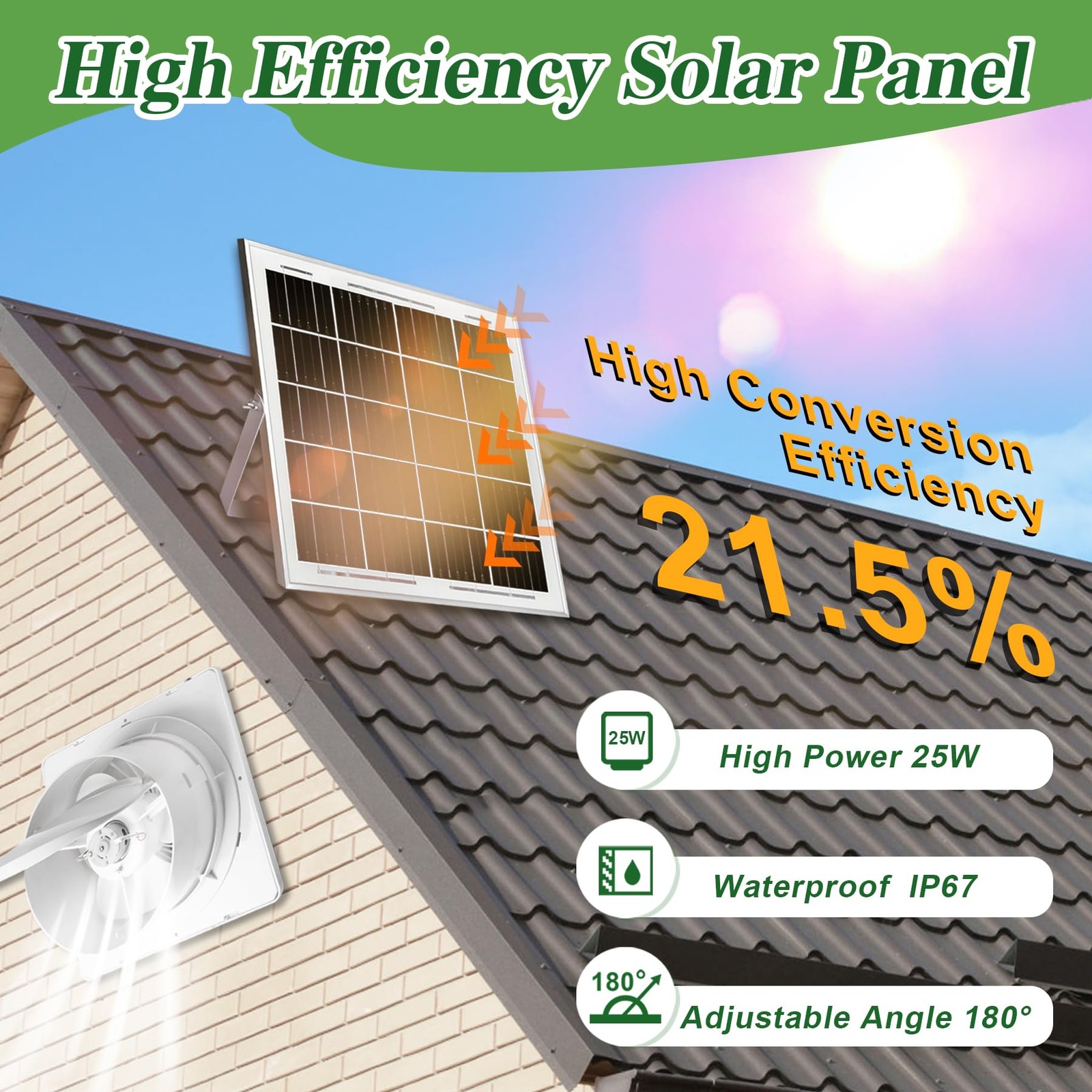 Solar Exhaust Fan, 25W Solar Panel + 8" Ventilation Vent Fan, with Power Adap...