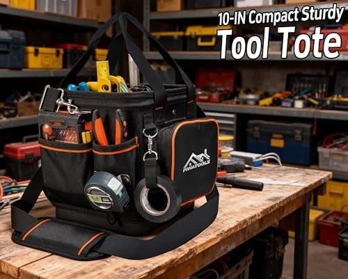 10" Compact Open-Top Tool Tote Bag, Hard Shell Tool Box | Small Electrician T...