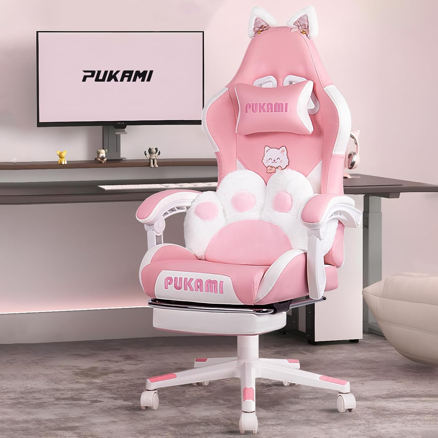 Pink Gaming Chair Cute with Cat Ears and Cat Paw Lumbar Cushion, Ergonomic Co...