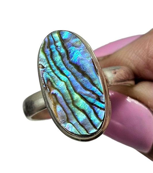 Statement Paua Shell Ring, Size 11, Sterling Silver, Long Oval Shape, Blue Green