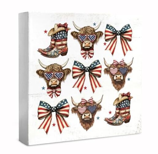 Vintage 4th of July Decorations Patriotic Highland Cow Wooden Box Sign, Cow Bow