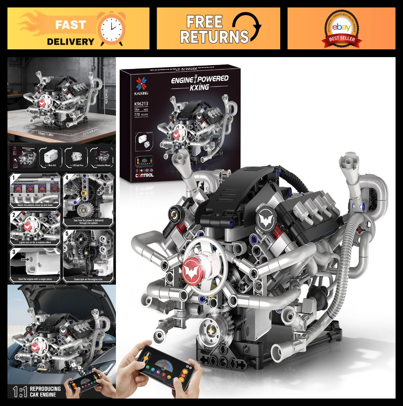 V8 Engine Model Kit with Motor, Lights & App Control - STEM Building Set for Tee