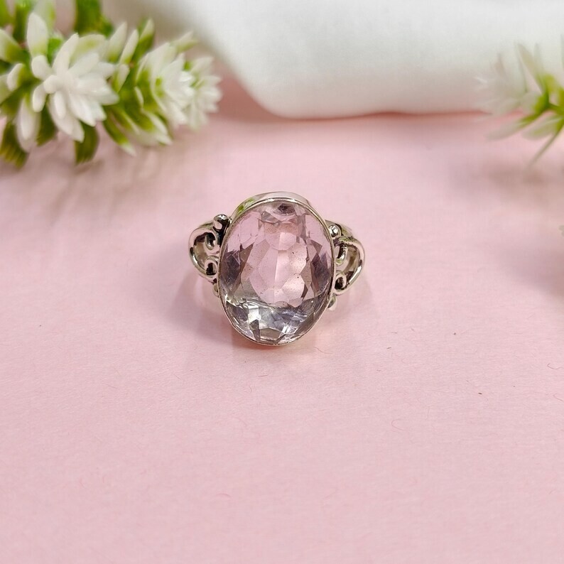 Oval Pink Morganite 925 Sterling Silver Band& Statement Ring Handmade  All Size