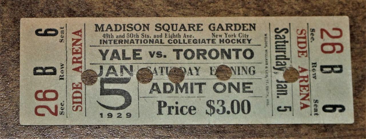 Rare New York Madison Square Garden 1929 Collegiate Hockey Ticket Toronto Yale!