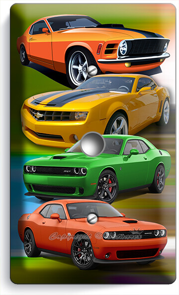AMERICAN MUSCLE RACING CARS LIGHT DIMMER CABLE WALL PLATES NEW GARAGE SHOP DECOR