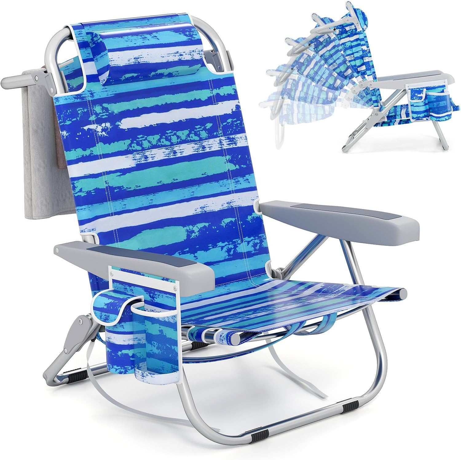 Backpack Beach Chair, Foldable Camping Chair with 5 Adjustable Position, Cup Hol