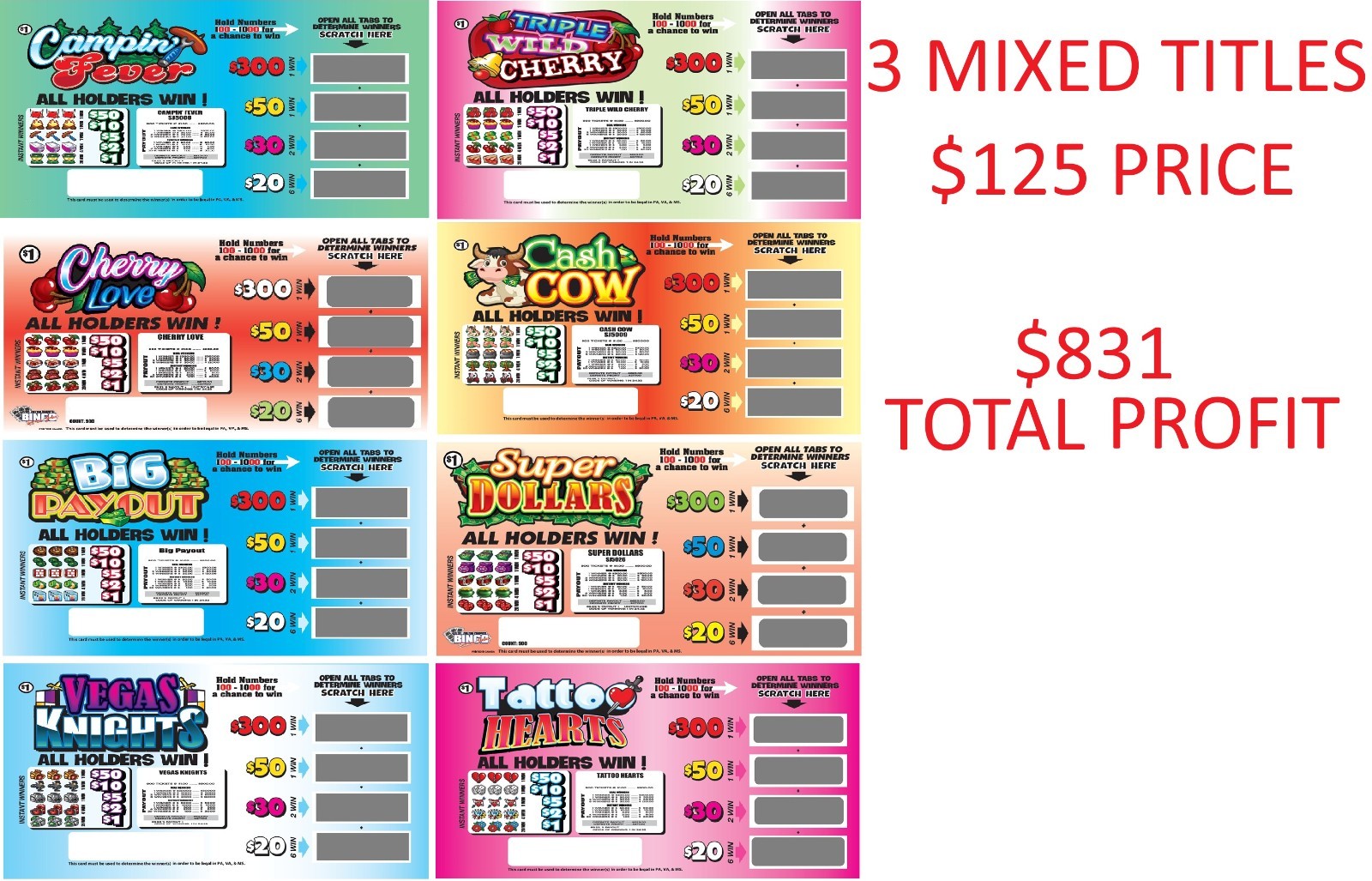 NEW pull tickets BUNDLE OF 3 GAMES, ALL HOLDERS WIN! - Seal Card Tabs