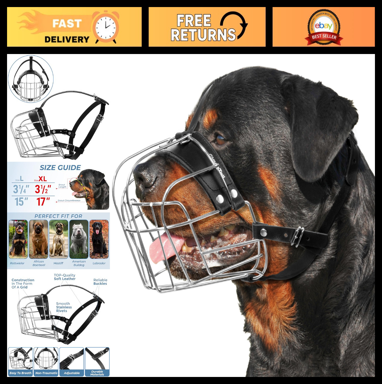 XL Heavy Duty Metal Dog Muzzle for Large Breeds - Basket Style for Barking & Bit