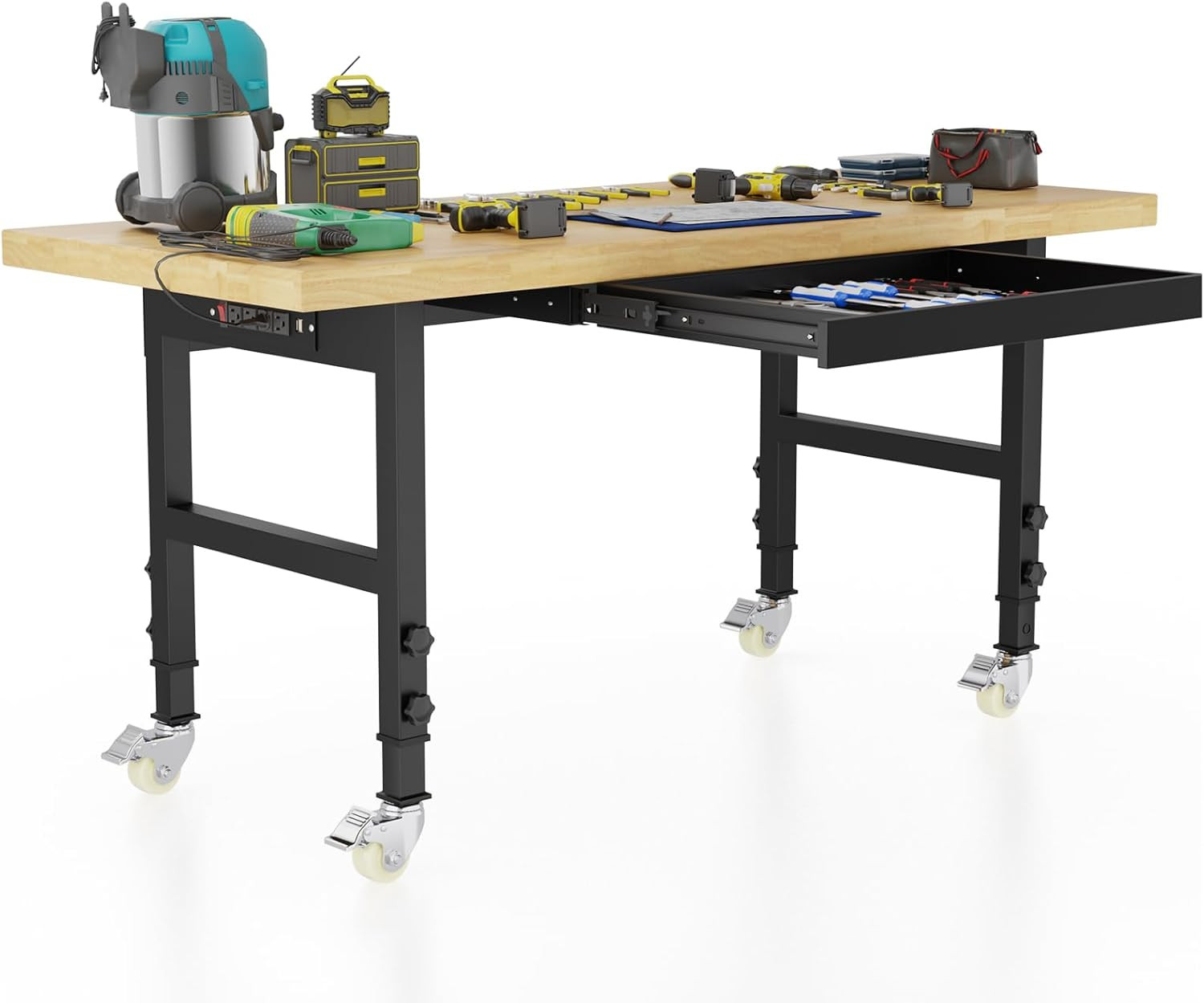 60" Adjustable Workbench with Wheels and Drawer, Solid Wood Rolling Work Bench T