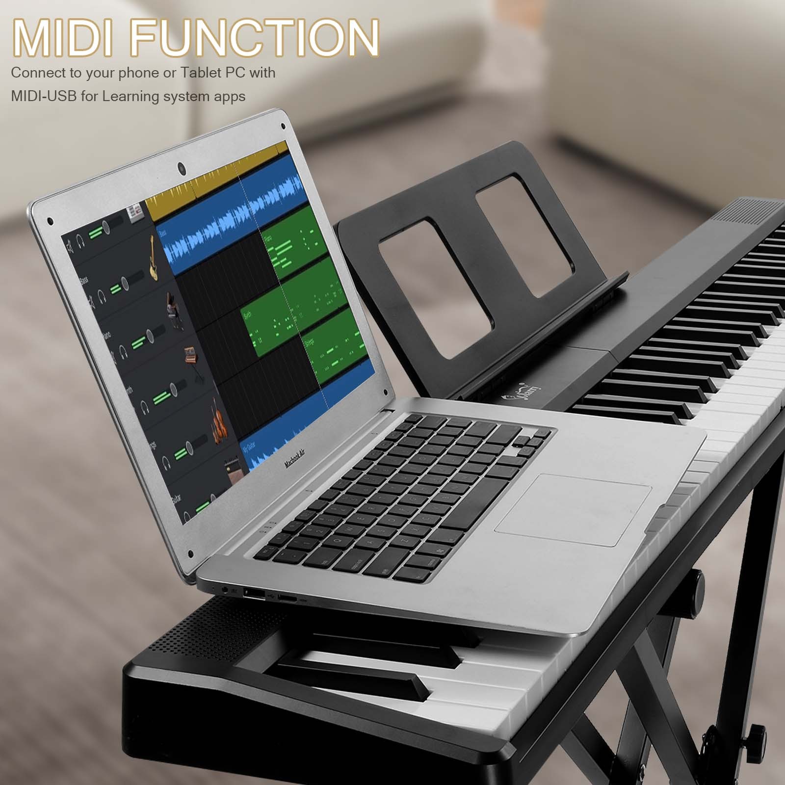 Black 88 Key Folding Semi-Weighted Piano Keyboard MIDI Bluetooth